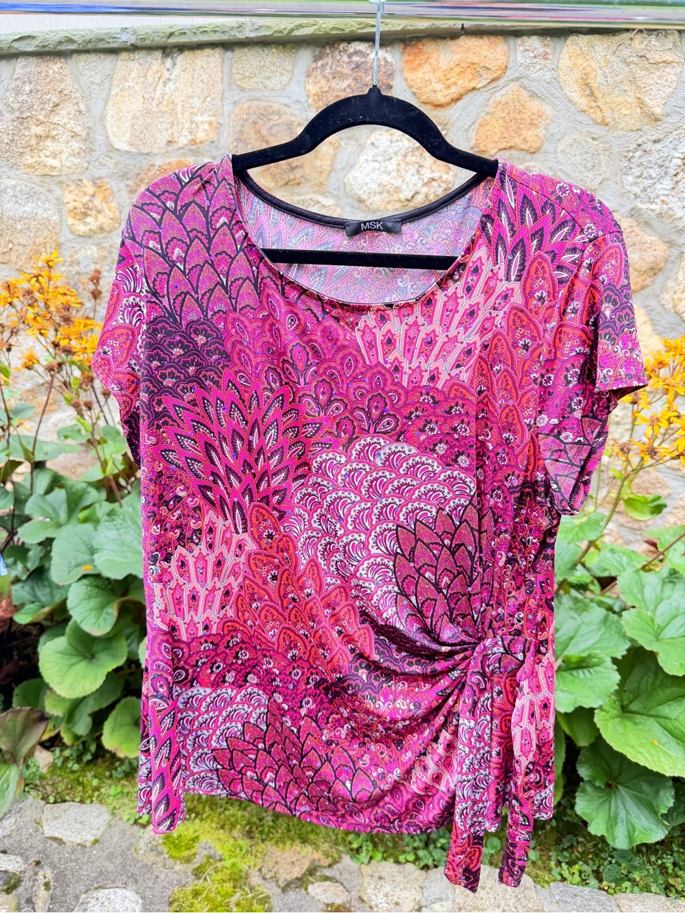 MSK Pink & Magenta Paisley Twist-Detail Short Sleeve Top